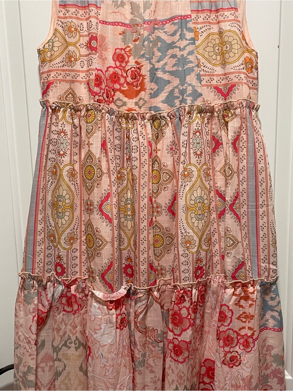 DAVI & DANI Pink Gold Blue Bohemian Printed Tiered Sleeveless Maxi Dress Sz Sm - Picture 4 of 11